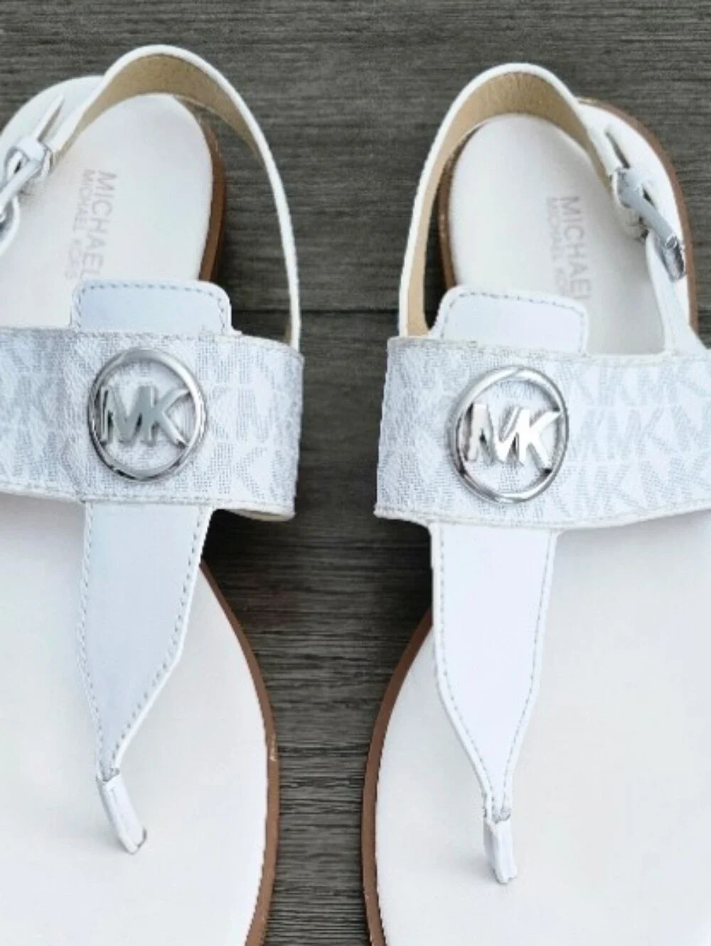 Michael Kors White Leather Thong Sandals with Silver MK Emblem, Size 10
